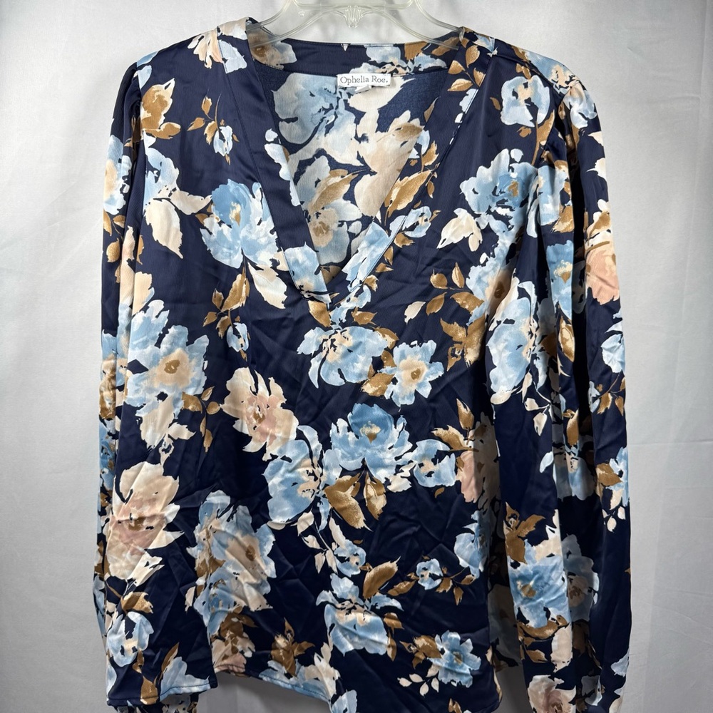 Ophelia Roe Women’s XL Blue Floral Long Sleeve Blouse‎ V-neck Tunic Bloomcore